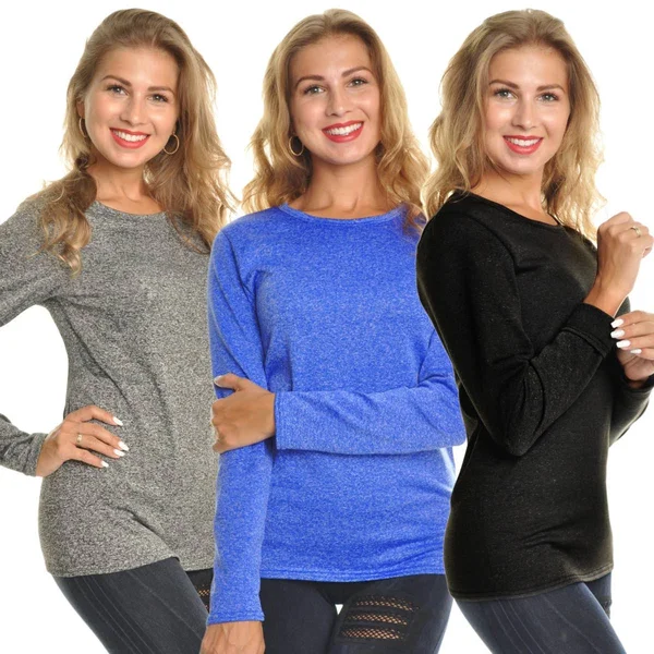 Savannah Riley Ladys Fleece Lined Crew Neck Long Sleeves Thermal - Large, Marled Black, Marled Blue & Marled Gray - Case of 2