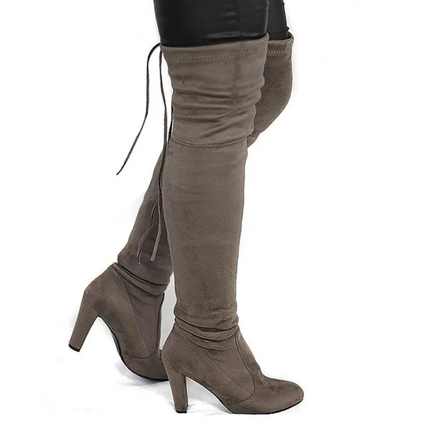Women's High Boots Over The Knees Stretch Tight Faux Suede Khaki 7.5