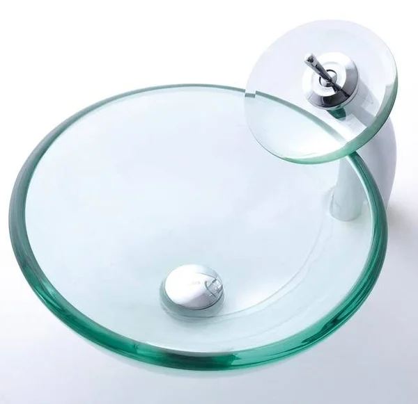 Kraus C-GV-101-19mm-10CH Clear 19mm Thick Glass Vessel Sink and Waterfall Faucet Chrome