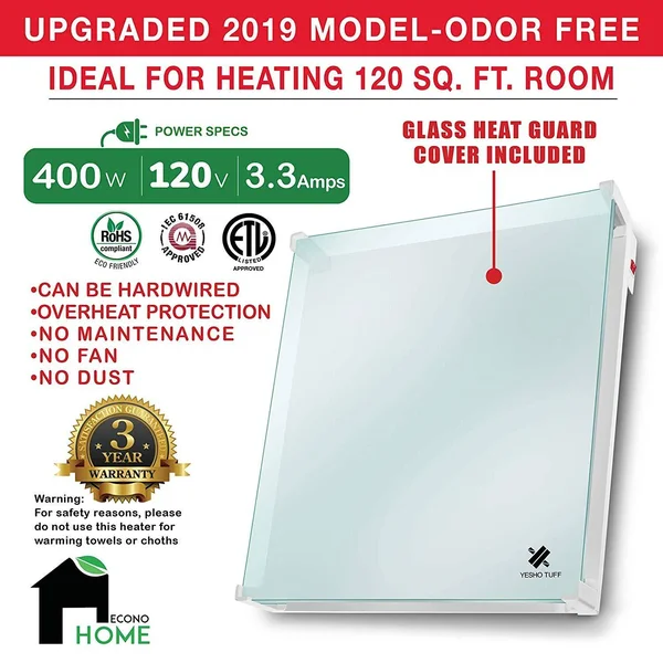 EconoHome Wall Mount Space Heater Panel - with Thermostat and Glass Heat Guard Cover - 400W Convection Heater - for 120 Sq ft Ro, 24 x 24