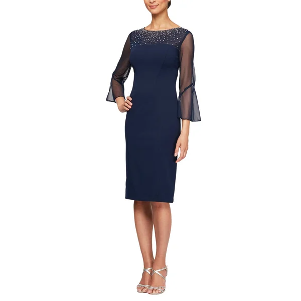 Alex Evenings Women's Illusion Bell Sleeve Sheath Dress - Navy Silver - Size 12