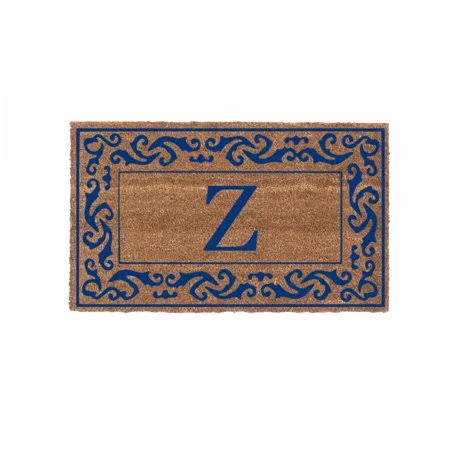 Cocomatsnmore Monogram (N) Vinyl Backed Blue Rolling Scrolls Border Doormats 38 inch x 60 inch, Beige
