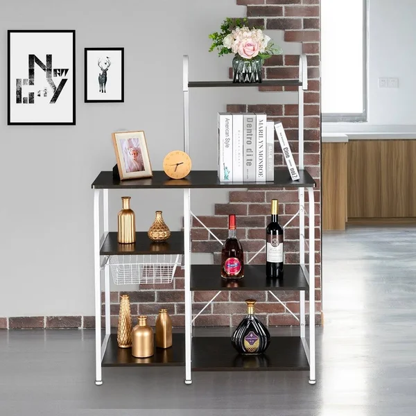 Phoebecat 4-Tier Kitchen Baker&s Rack Storage Shelf Microwave Stand w/ 10 Hooks - Deep Brown