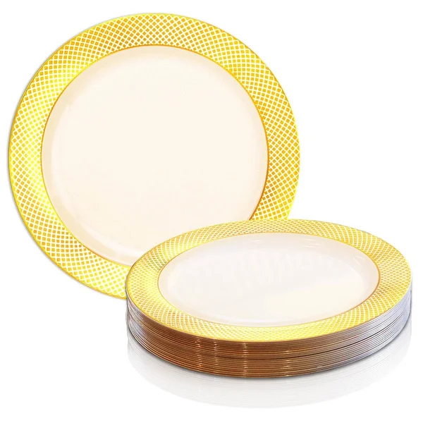 Crystal 7.5x22 Ivory with Gold Diamond Rim Disposable Plastic Salad Plates - Posh Party Supplies