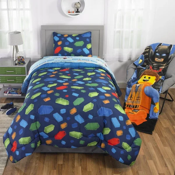 The Lego Movie 2 Kids Bedding, 2pc Comforter and Sham Set, Twin/Full, Lets Build Together, Blue