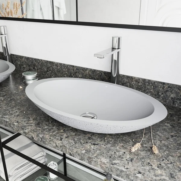 Vigo Cast Stone Bathroom Vessel Sink and Gotham Faucet in Chrome - Ash