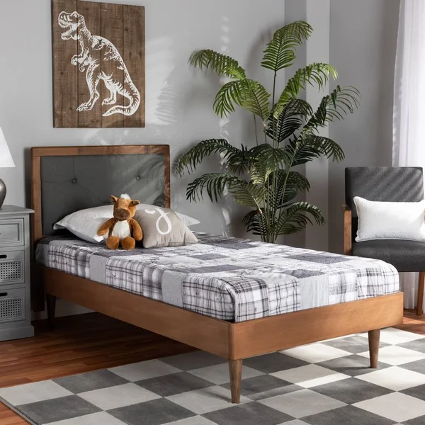Baxton Studio Saul Mid-Century Modern Fabric Upholstered and Finished Wood Platform Bed Dark Grey & Walnut Brown - Twin