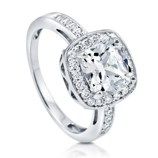 Berricle Sterling Silver Cushion Cut Cubic Zirconia CZ Halo Wedding Engagement Ring 3.4 CTW Size 7.5