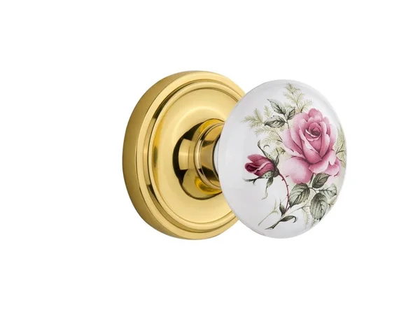 Nostalgic Warehouse 708477 Classic Rosette Passage White Rose Porcelain Door Knob - Unlacquered Brass