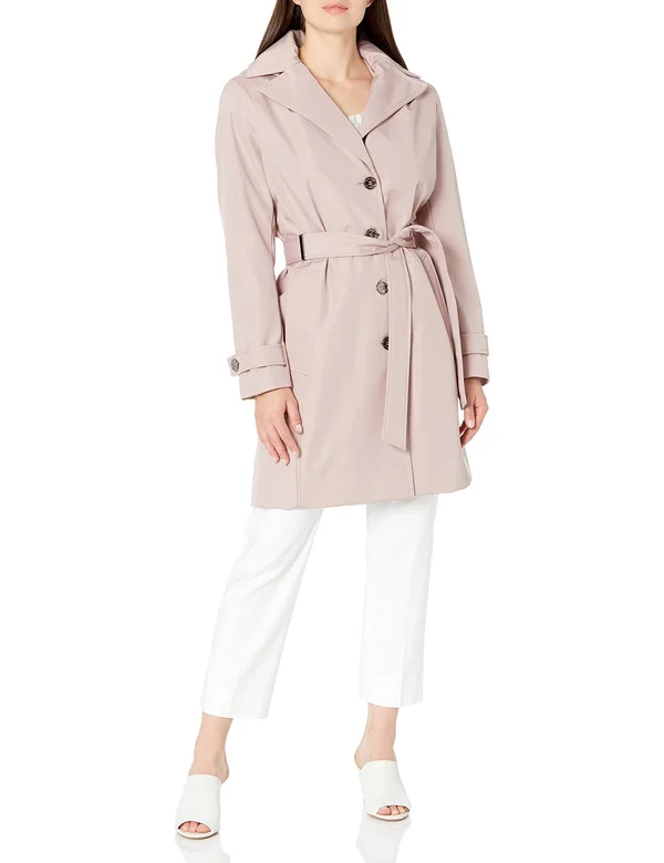 Calvin Klein Women's Single Breasted Belted Rain Jacket with Removable Hood, Rosewood, Medium