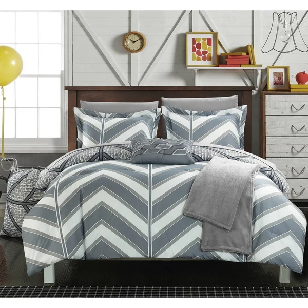 Amaretto Chevron and Geometric Printed Reversible Comforter Set 8 Piece Twin XL Gray Chic Home Design