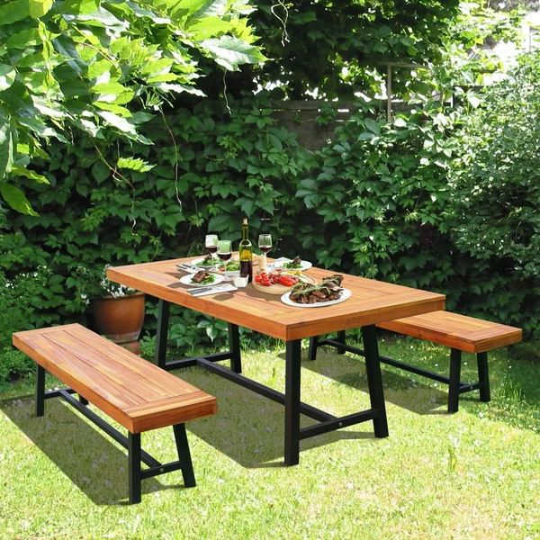 Outsunny 71&& Rustic Acacia Wood Outdoor Picnic Table and Bench Seat Set - Natural Red Wood