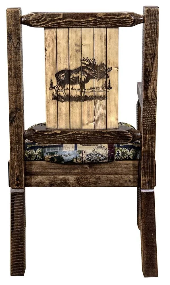 Montana Woodworks Homestead Collection Captain&s Chair - Woodland Upholstery w/ Laser Engraved Moose Design, Stain & Lacquer