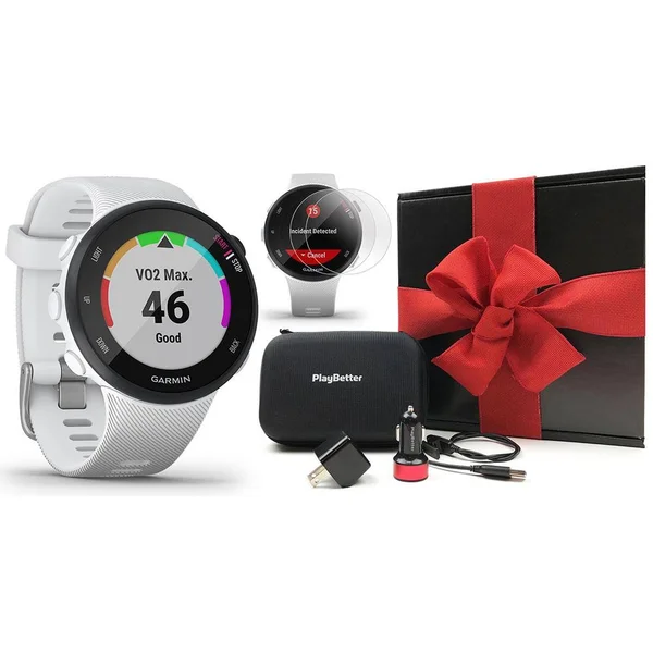 Garmin Forerunner 45s (White) GPS Running Smartwatch Gift Box Bundle, +PlayBetter HD Screen Protectors (x4), Car/Wall Charging