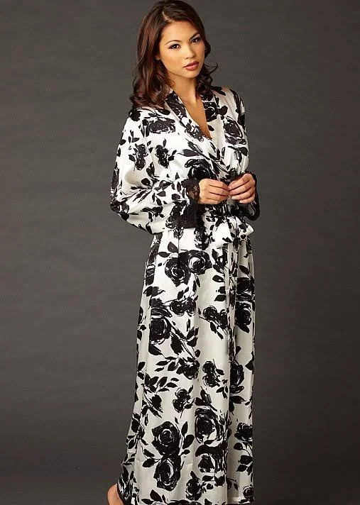 Julianna Rae - Indulgence Silk Print Robe, Inked Rose, S/M, Luxury Women's Silk Satin Robe in Elegant Print, with Calais Lace Cu
