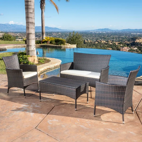 Mina Outdoor 4 Piece Wicker Chat Set with Water Resistant Cushions - Multibrown, Beige
