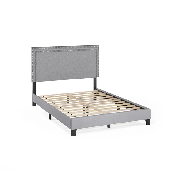 Furinno Laval Double Row Nail Head 12pc Slat Style Bed Frame - Queen, Linen
