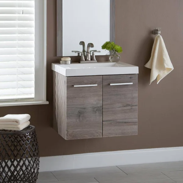 Domani Stella 24 in. W x 19 in. D Wall Hung Bath Vanity in White Washed Oak with Cultured Marble Vanity Top in White with Sink