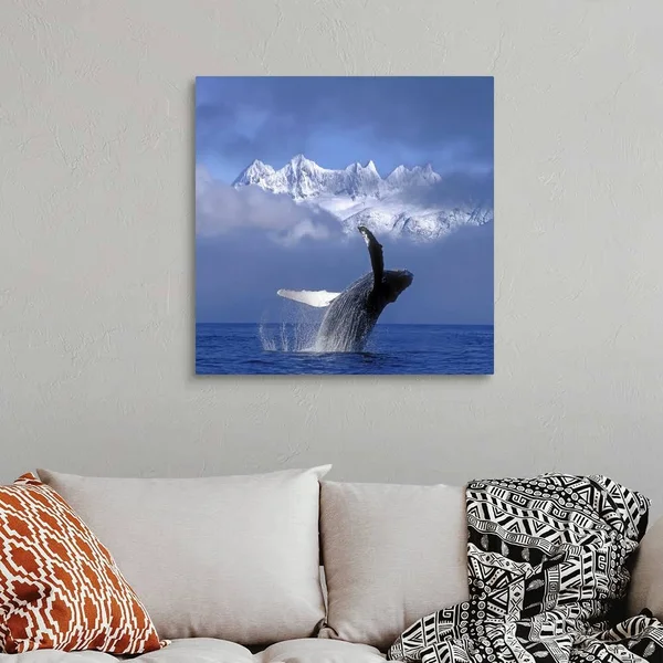 Humpback Whale Breaches in Clearing Fog SE AK Spring w/Mendenhall - Canvas Wall Art, 30x30, Great Big Canvas