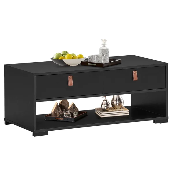 Costway Coffee Table Wood Accent Cocktail Table w/ 2 Drawers & Open Storage Shelf Black