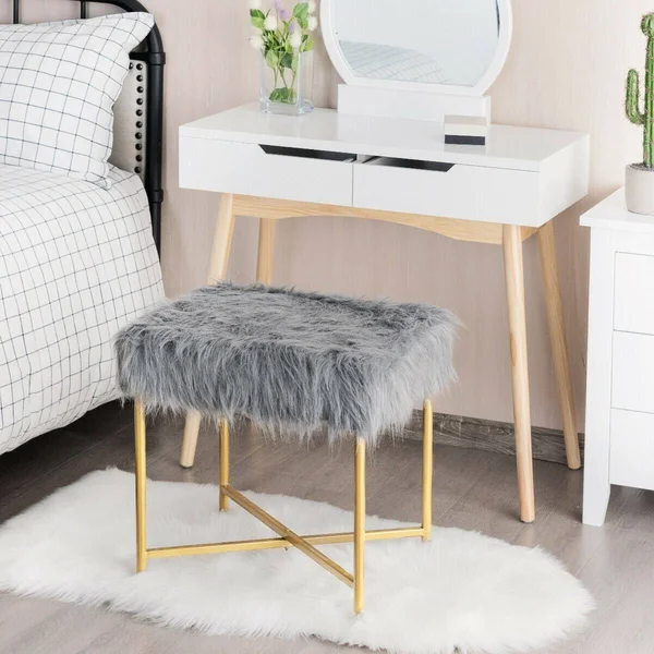 Faux Fur Ottoman Decorative Stool with Metal Legs - Pink