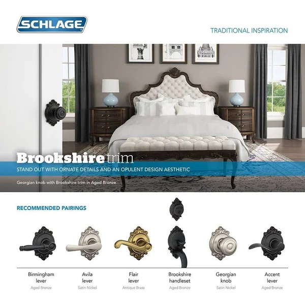 Schlage F40-BIR-BRK Birmingham Privacy Door Lever Set with Decorative Brookshire Satin Nickel