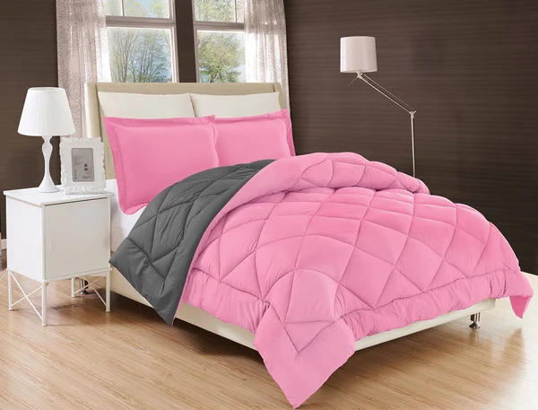 Silky Soft - Goose Down Alternative Reversible 3PC Comforter Set - Full/Queen, Pink/Gray