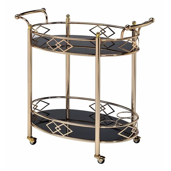 Benzara Metal Framed Serving Cart with Tempered Glass Top and Open Bottom Shelf - Gold and Black