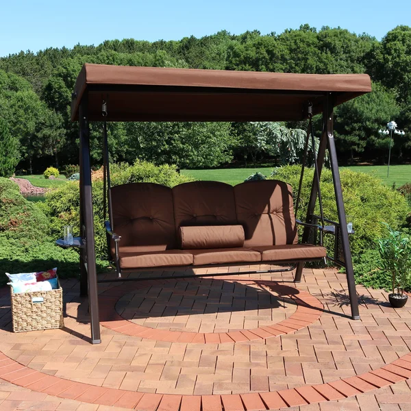 Sunnydaze Decor 3-Person Steel Frame Outdoor Canopy Swing with Side Tables - Brown