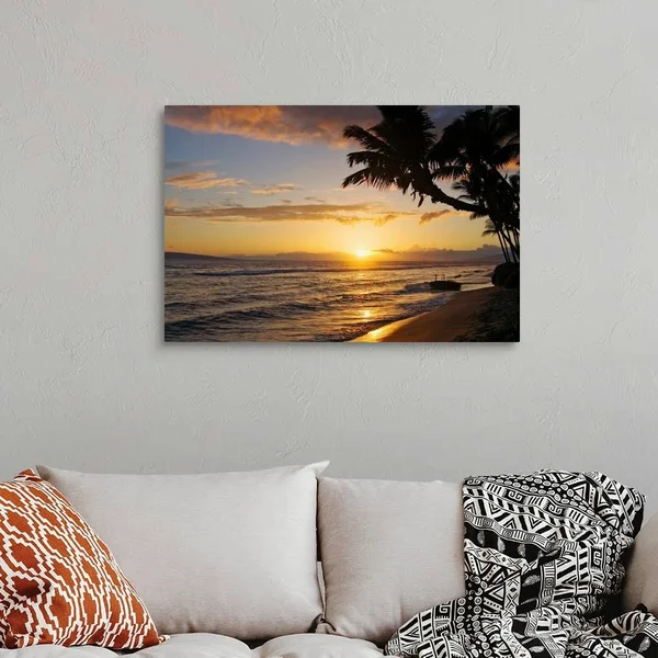 Hawaii, Maui, Kaanapali Resort, Sunset with Beach and Palm Trees, Canvas Wall Art, 36x24, Great Big Canvas