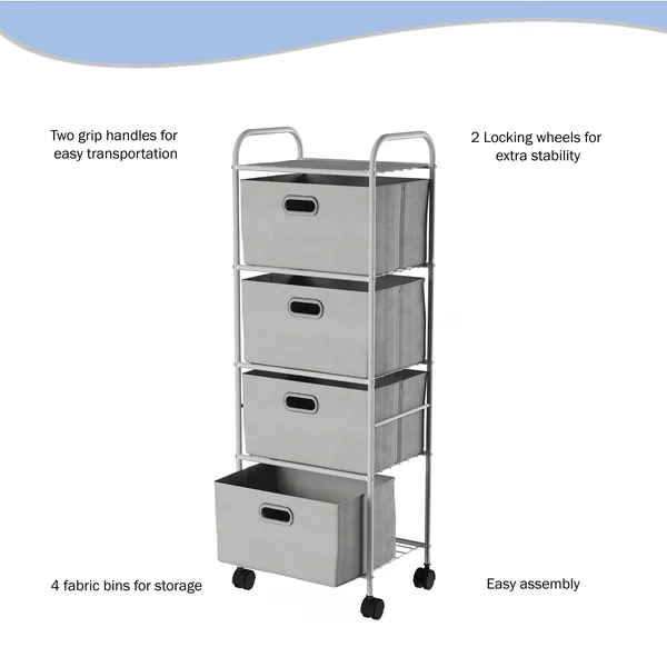 Lavish Home 4 Fabric Drawer Rolling Storage Cart, Grey