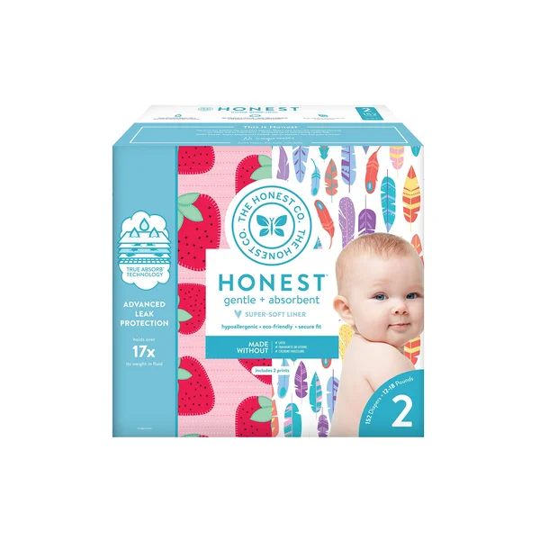 The Honest Company Super Club Box Diapers with TrueAbsorb Technology - Painted Feathers & Strawberries, Size 2, 152 Count