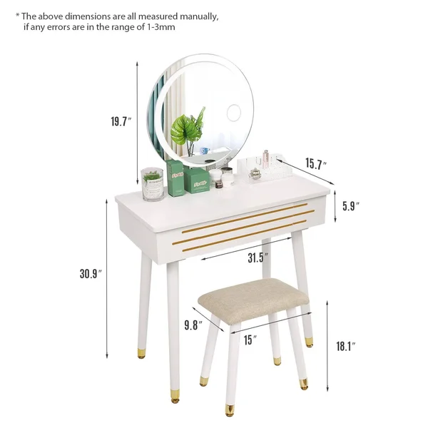 ARTETHYS Vanity Makeup Table Set with 3 Modes Touch Screen Adjustable Lighted Mirror - Cushioned Stool, Big Sliding Drawers Free