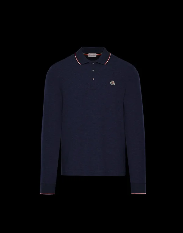 Men's Moncler Tipped Long Sleeve Piqué Polo, Size X-Large - Blue