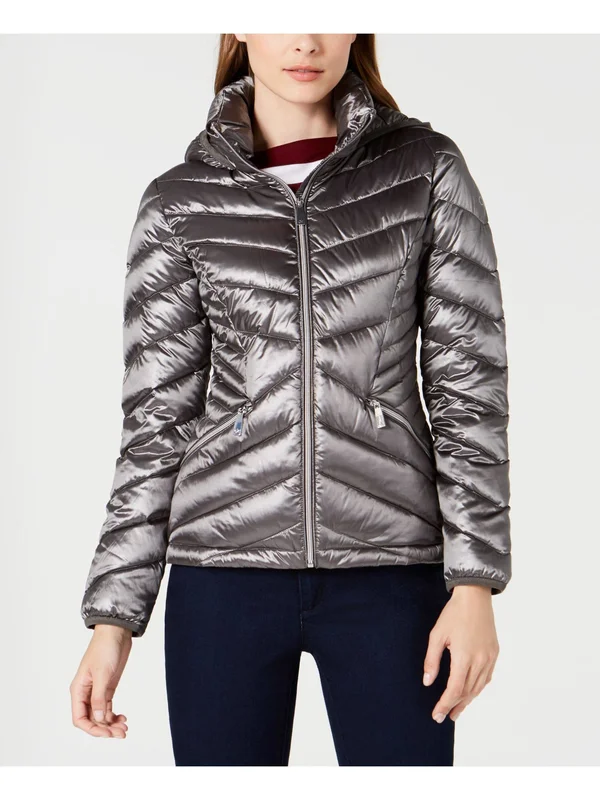 Calvin Klein Womens Gray Zippered Puffer Coat Size S