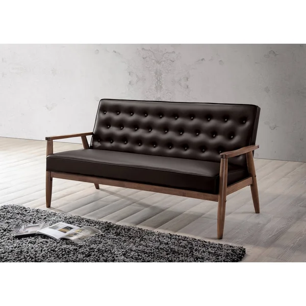 Baxton Studio Sorrento Mid Century Retro Modern Faux Leather Upholstered Wooden 3 Seater Sofa - Dark Brown