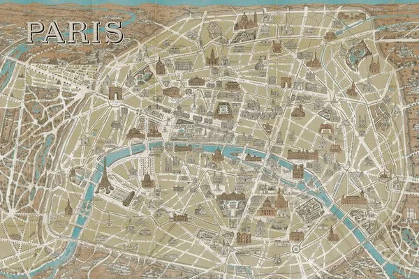 Wild Apple Portfolio Paintings on Canvas Art - Monuments of Paris Map - Blue Print