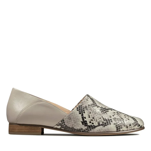 Clarks Pure Tone Womens Leather Slip on Flats - Grey Snake