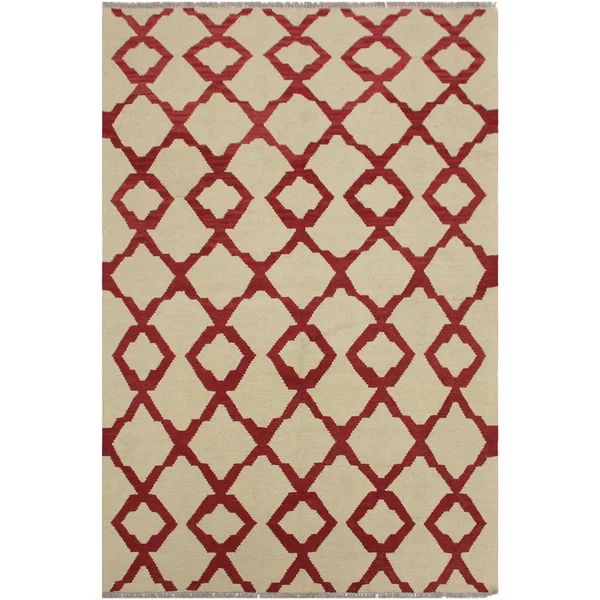 Kilim Anh Ivory/Red Hand-Woven Wool Rug -4'3 x 6'1 - 4 ft. 3 in. x 6 ft. 1 in. - 4 ft. 3 in. x 6 ft. 1 in.