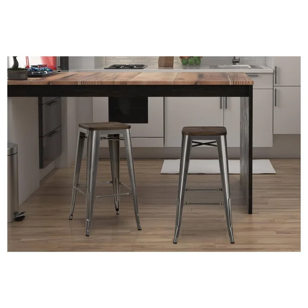 Dorel Home Products Fusion Metal Backless Bar Stools with Wood Seat, Gun Metal - 2 count