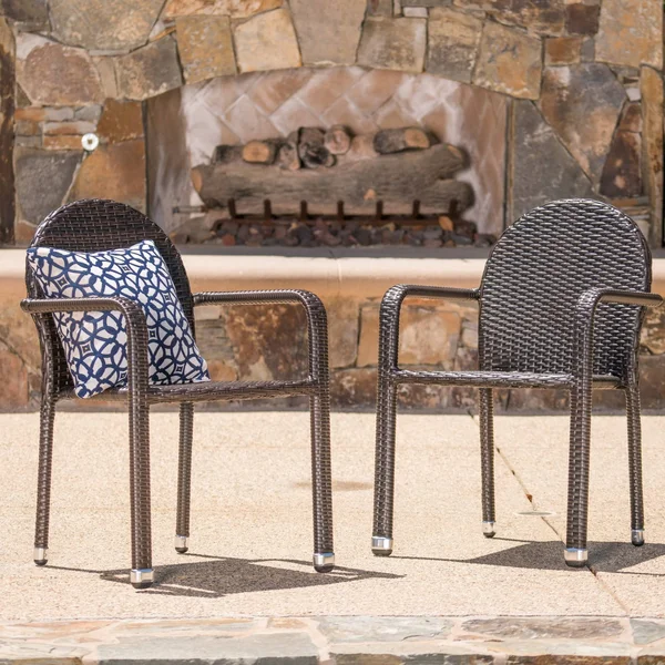 Ava Outdoor Wicker Armed Aluminum Framed Stack Chairs (Set of 2) Multi-Brown