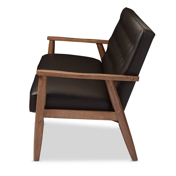 Baxton Studio Sorrento Mid Century Retro Modern Faux Leather Upholstered Wooden 3 Seater Sofa - Dark Brown
