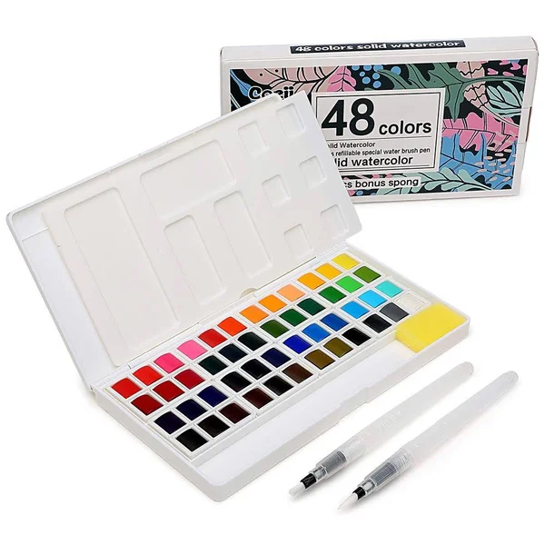 48 Watercolor Paints Set, Art Supplies Portable Watercolor Paint Kit - 2 Refillable Special Water Brush Pens, Sponge and Waterco