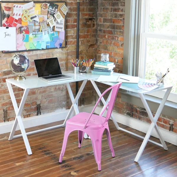 Walker Edison X-Frame Glass Metal L-Shaped Computer Desk-White/White