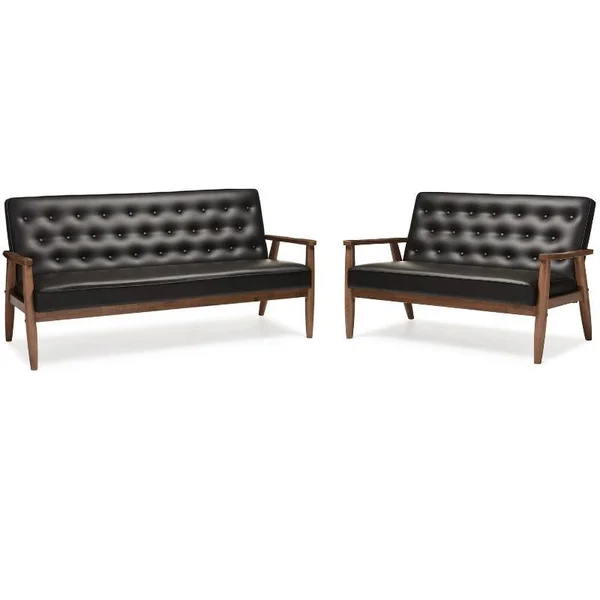 Home Square 2 Piece Faux Leather Tufted Sofa Set with Sofa and Loveseat in Black - 2243764-PKG