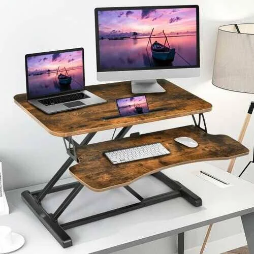 Costway Converter Adjustable Riser Stand Desk with Keyboard Tray-Brown