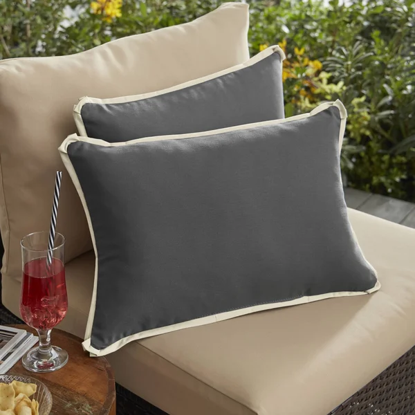 Set of 2 Charcoal Gray with Ivory Flange Comfortable Indoor and Outdoor Rectangular Throw Pillow - 20x22