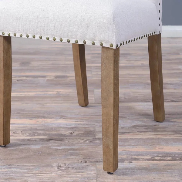 BELLEZE Set of (2) Dining Chairs Linen Armless Nailhead Trim Accent Elegant Side Chair Wooden Leg, Beige
