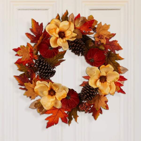 Glitzhome 22x22D Blooming Magnolia Wreath with 24x22L Bamboo Basket