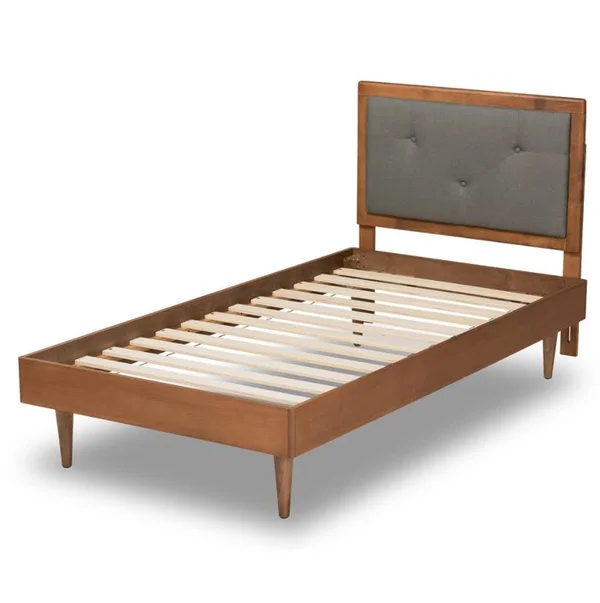 Baxton Studio Saul Mid-Century Modern Fabric Upholstered and Finished Wood Platform Bed Dark Grey & Walnut Brown - Twin